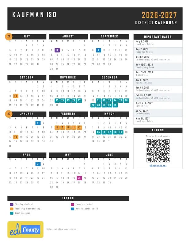 Kaufman ISD Independent School District printable 2026-27 calendar