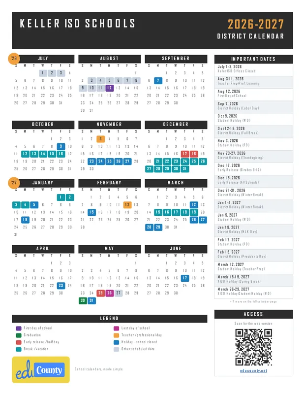 Keller ISD Schools printable 2026-27 calendar