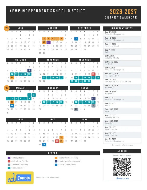 Kemp Independent School District printable 2026-27 calendar