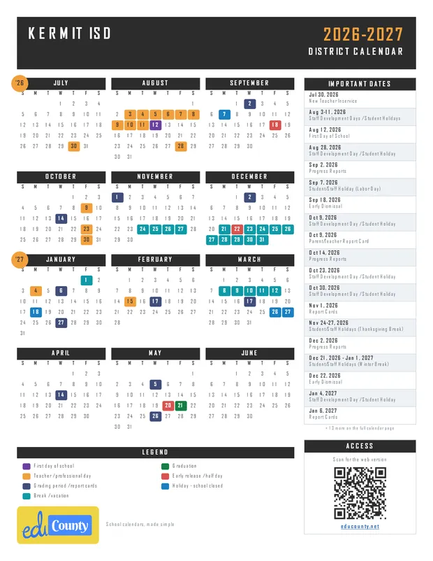 Kermit ISD printable 2026-27 calendar
