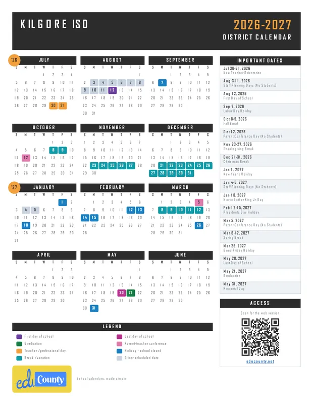 Kilgore Isd printable 2026-27 calendar