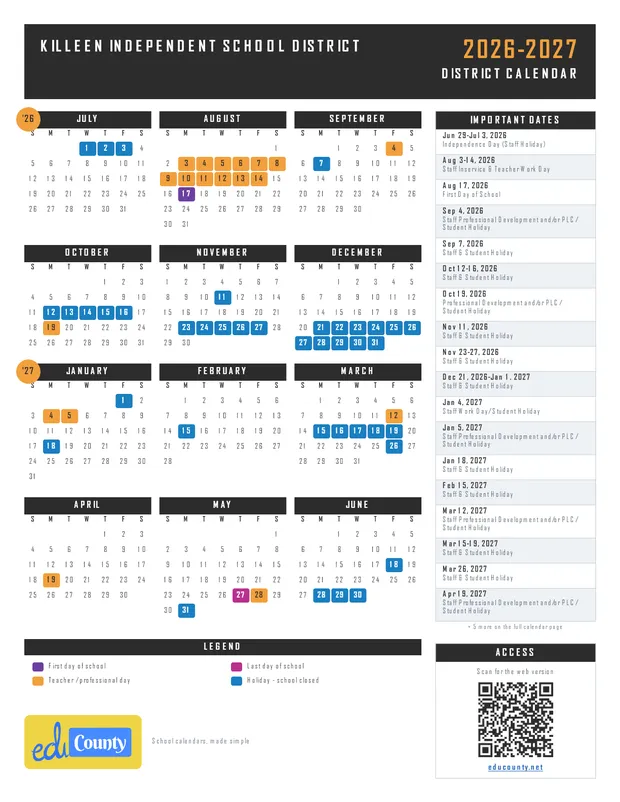 Killeen Independent School District printable 2026-27 calendar