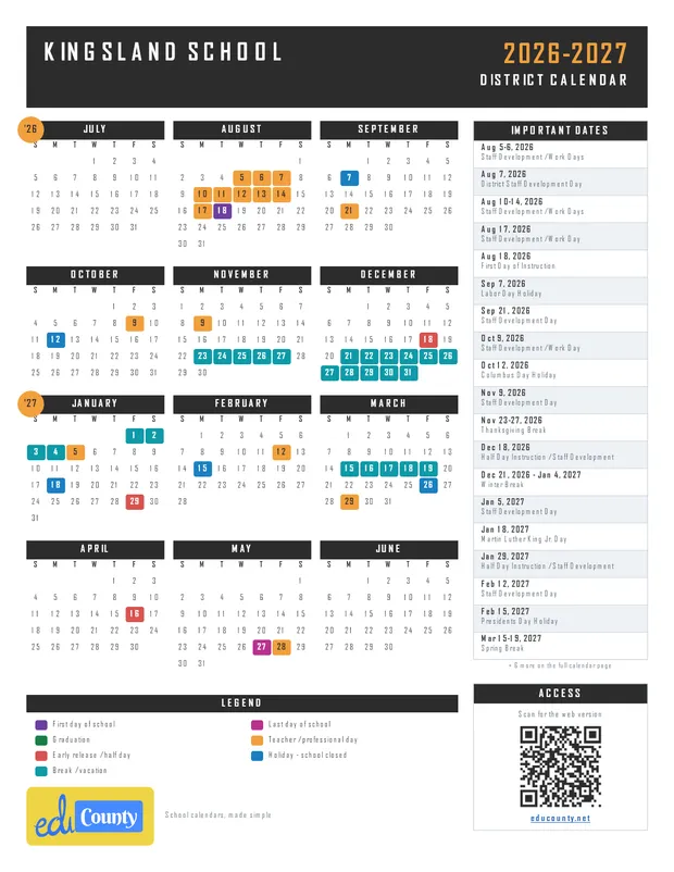Kingsland School printable 2026-27 calendar