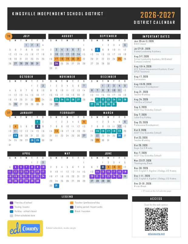 Kingsville Independent School District printable 2026-27 calendar