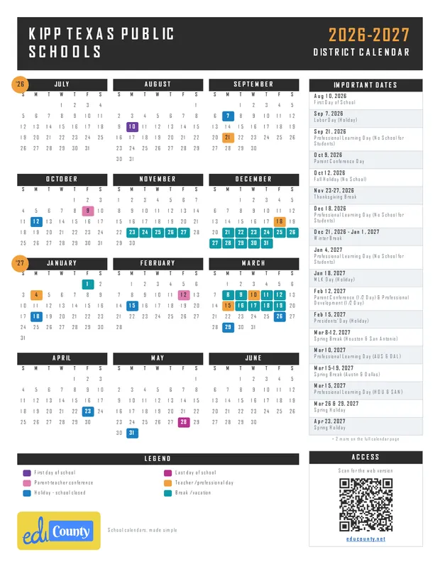 KIPP Texas Public Schools printable 2026-27 calendar