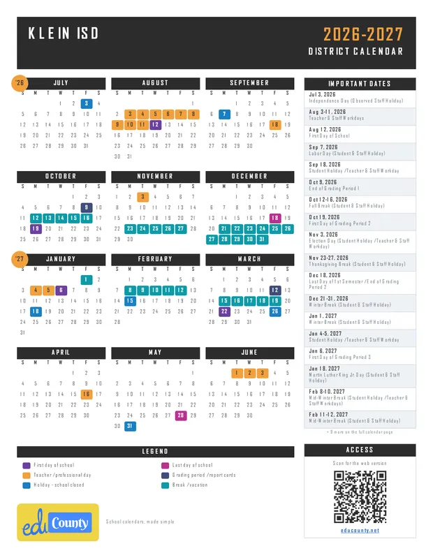 Klein ISD Independent School District printable 2026-27 calendar