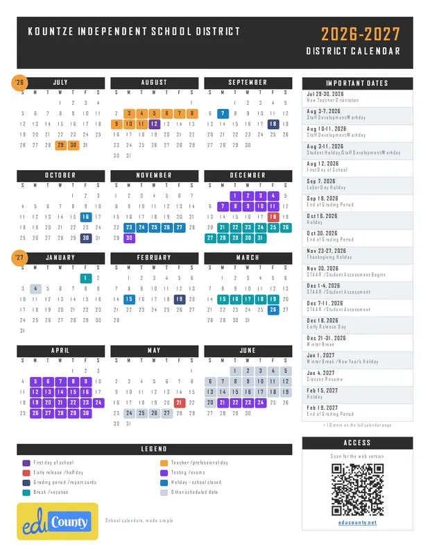 Kountze Independent School District printable 2026-27 calendar