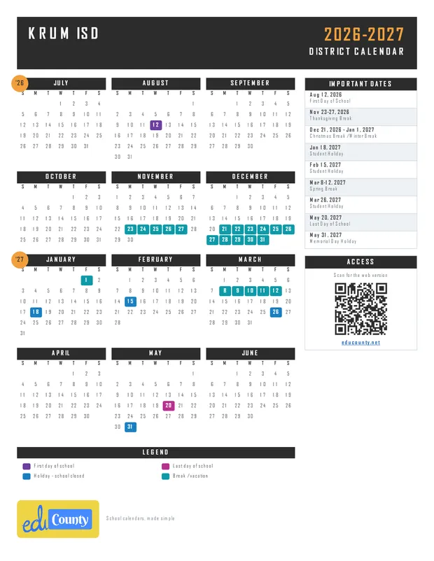 Krum ISD printable 2026-27 calendar