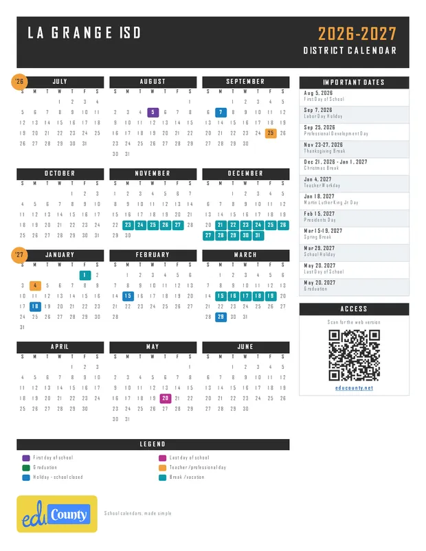La Grange ISD printable 2026-27 calendar