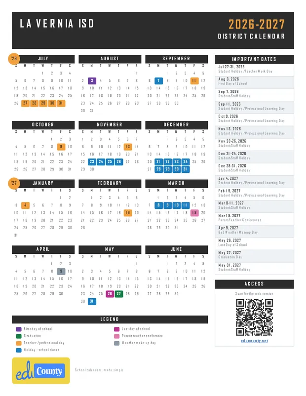 La Vernia ISD printable 2026-27 calendar