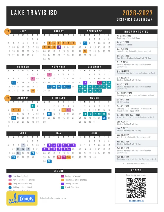 Lake Travis ISD printable 2026-27 calendar