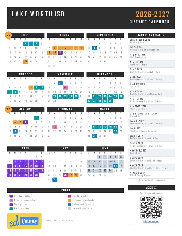 Lake Worth ISD printable 2026-27 calendar