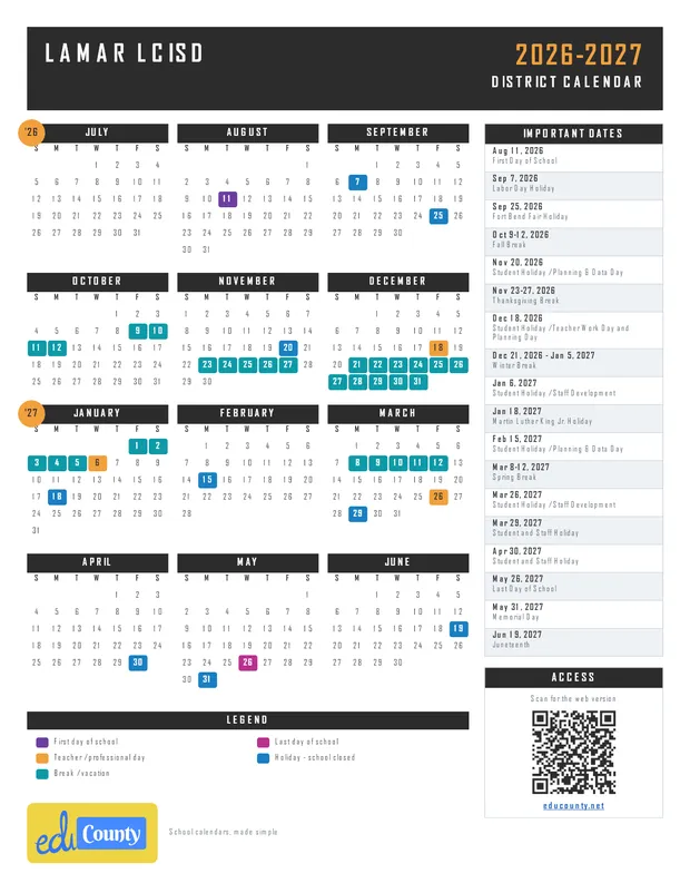 Lamar LCISD printable 2026-27 calendar