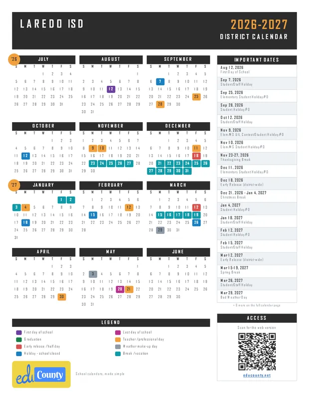 Laredo Independent School District ISD printable 2026-27 calendar