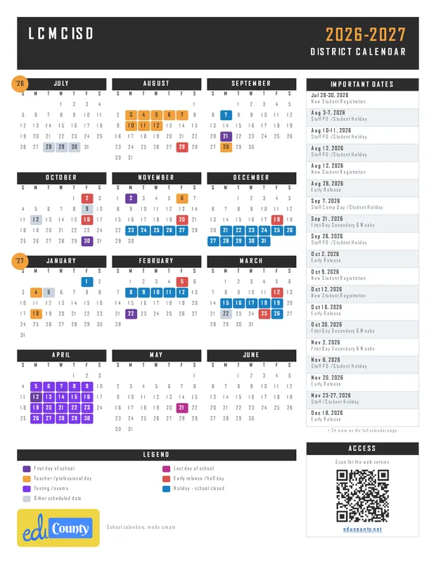 LCMCISD printable 2026-27 calendar