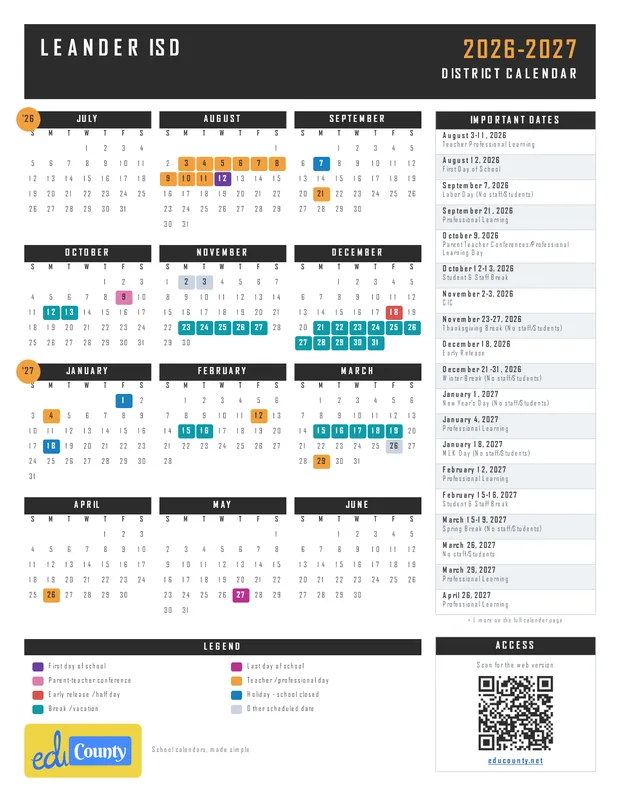 Leander ISD printable 2026-27 calendar