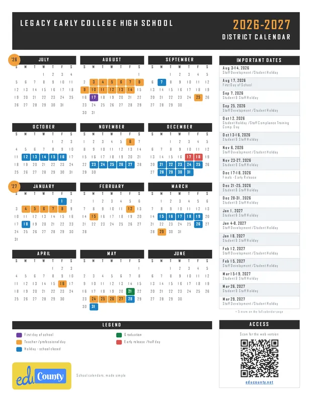 Legacy Early College High School printable 2026-27 calendar