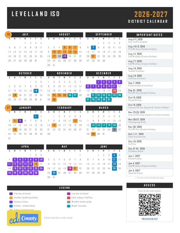 Levelland ISD printable 2026-27 calendar