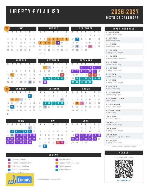 Liberty-Eylau ISD printable 2026-27 calendar