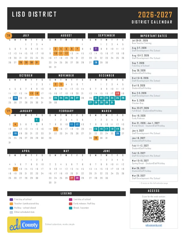 LISD District printable 2026-27 calendar
