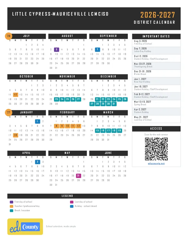 Little Cypress-Mauriceville LCMCISD printable 2026-27 calendar