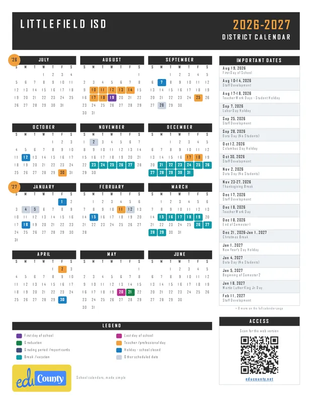 Littlefield ISD printable 2026-27 calendar