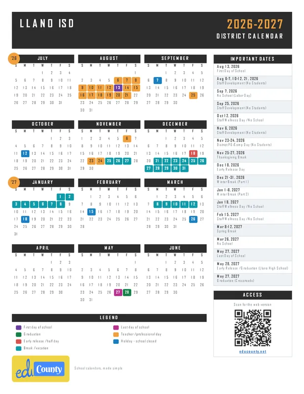 Llano ISD printable 2026-27 calendar