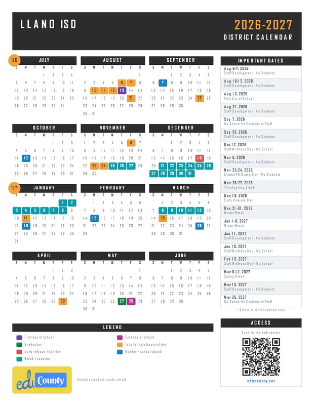 Llano ISD printable 2026-27 calendar