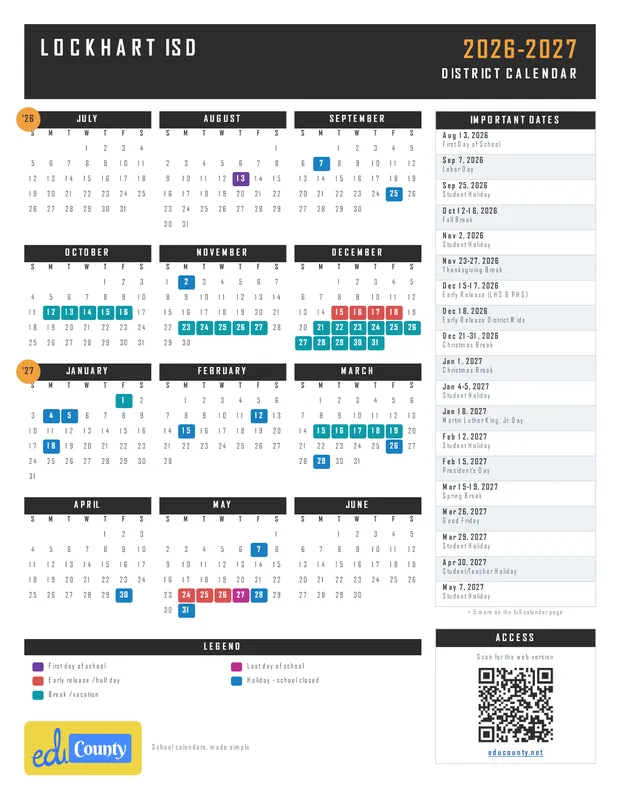 Lockhart ISD printable 2026-27 calendar