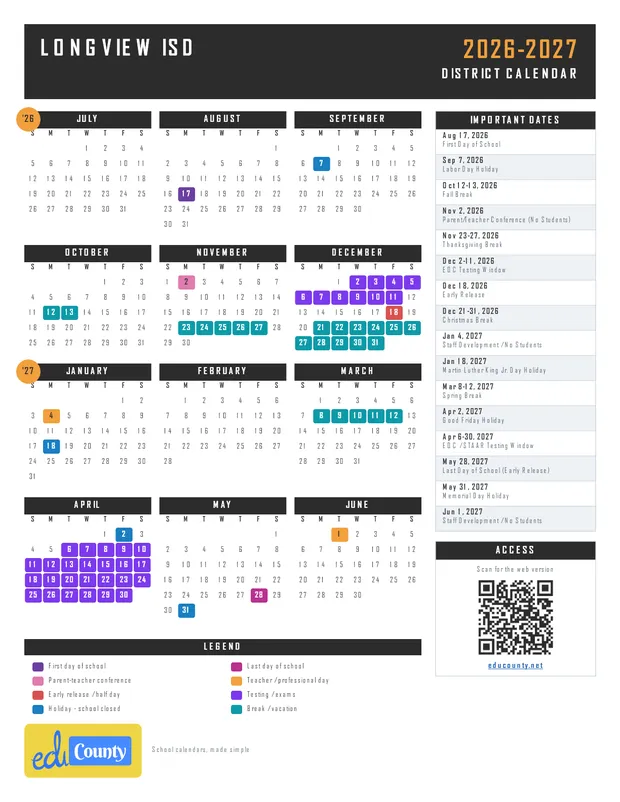 Longview ISD printable 2026-27 calendar