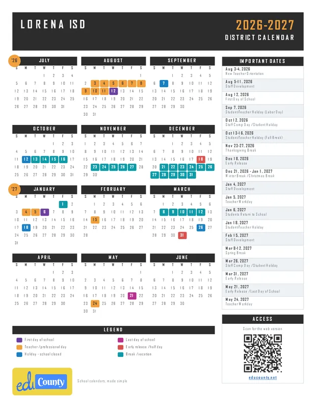 Lorena ISD printable 2026-27 calendar