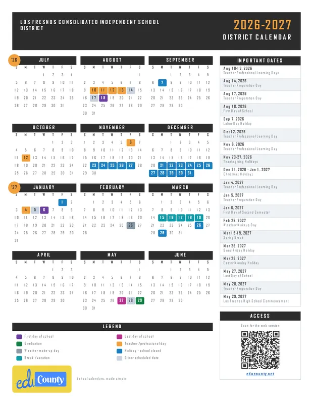 Los Fresnos Consolidated Independent School District printable 2026-27 calendar