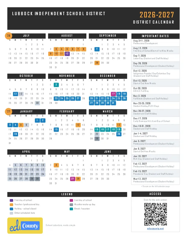 Lubbock Independent School District printable 2026-27 calendar