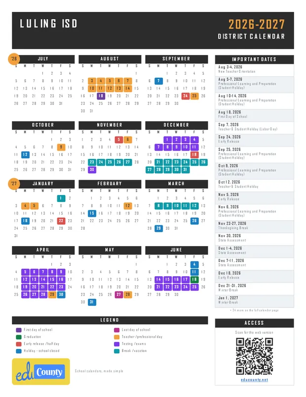 Luling ISD printable 2026-27 calendar