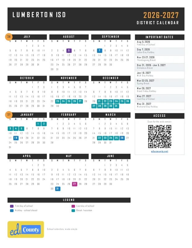 Lumberton ISD printable 2026-27 calendar