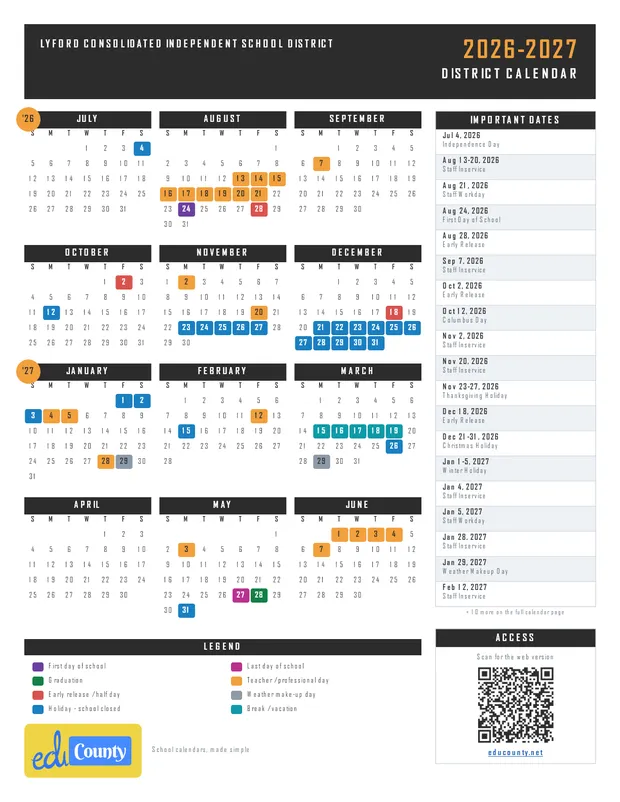 Lyford Consolidated Independent School District printable 2026-27 calendar