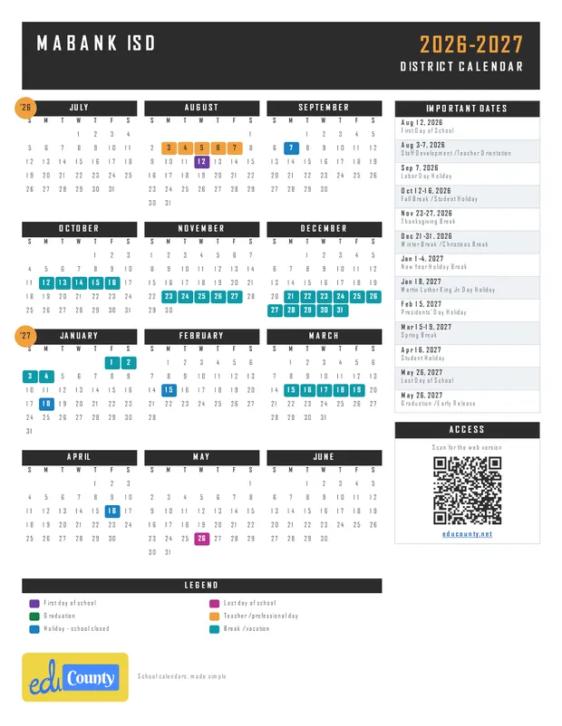 Mabank Independent School District isd printable 2026-27 calendar