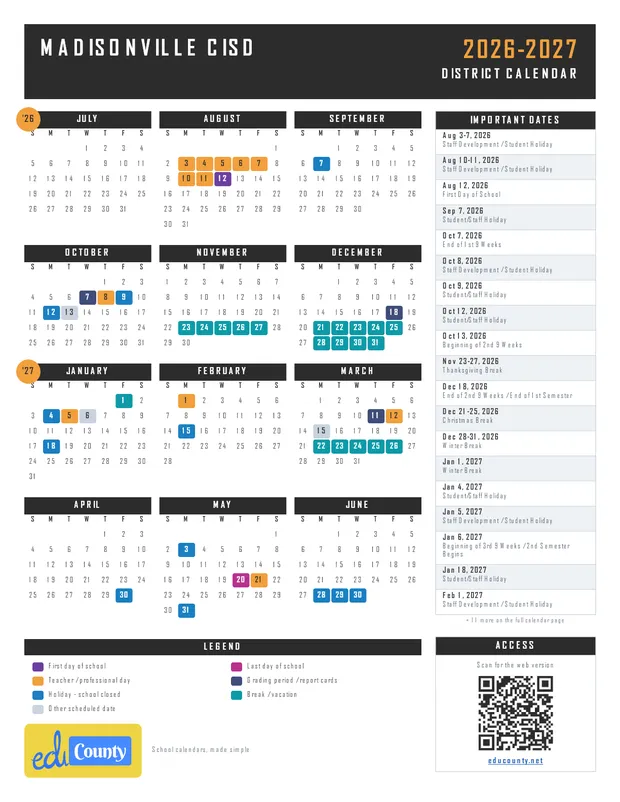 Madisonville CISD printable 2026-27 calendar