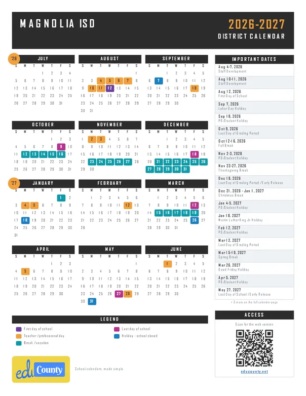 Magnolia ISD printable 2026-27 calendar