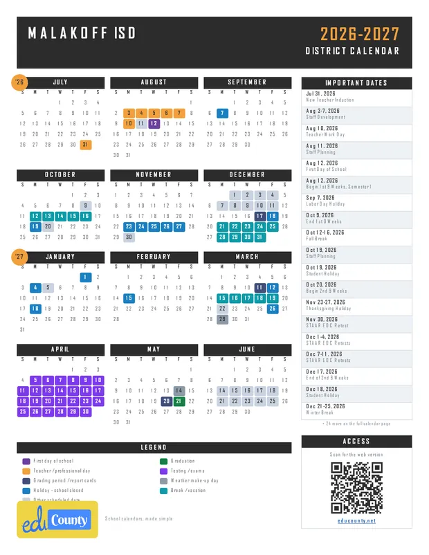 Malakoff ISD printable 2026-27 calendar