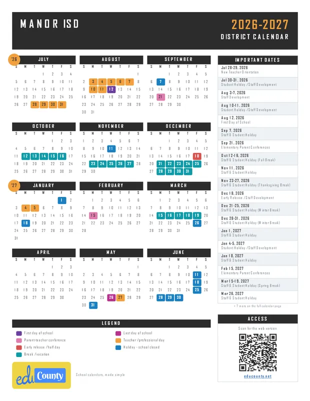 Manor Independent School District ISD printable 2026-27 calendar