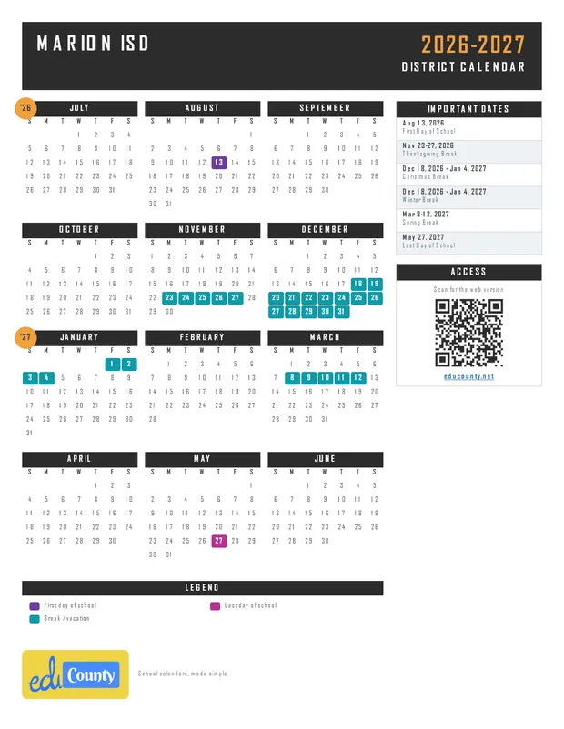 Marion ISD printable 2026-27 calendar
