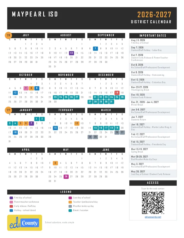 Maypearl ISD printable 2026-27 calendar