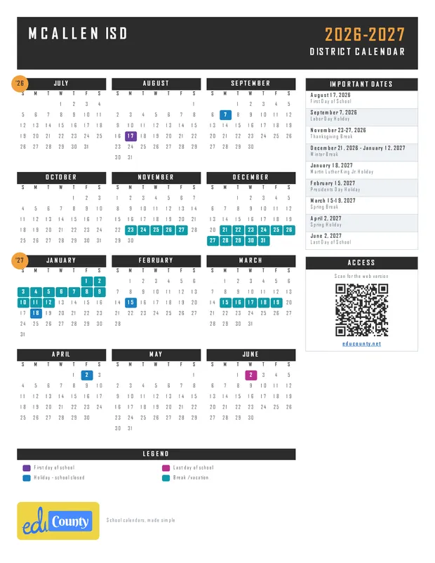 McAllen Independent School District ISD printable 2026-27 calendar