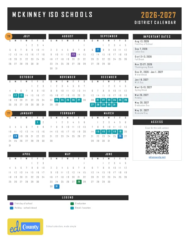McKINNEY ISD Schools printable 2026-27 calendar