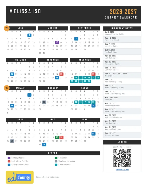 Melissa ISD printable 2026-27 calendar