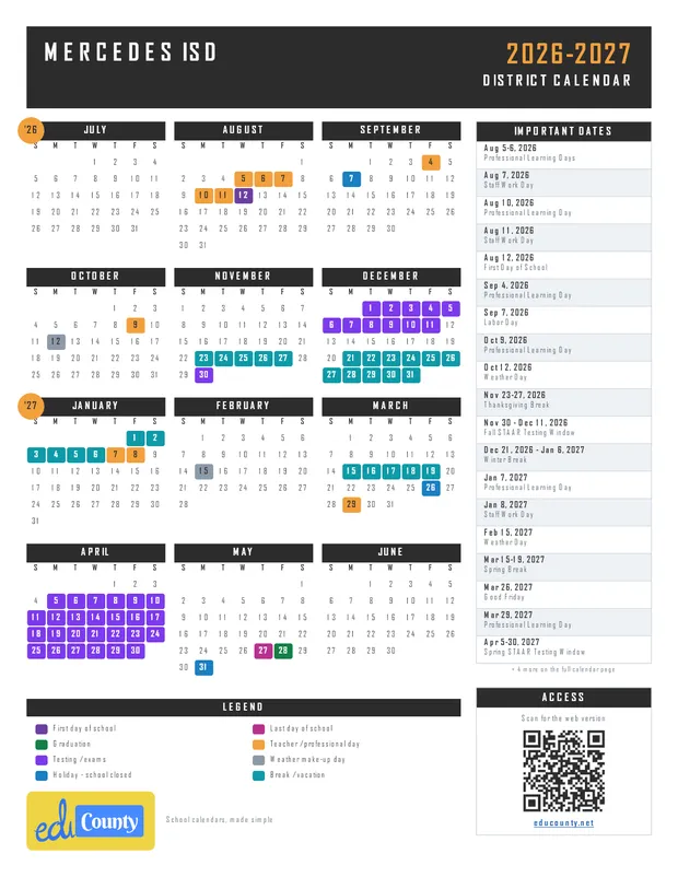 Mercedes ISD printable 2026-27 calendar