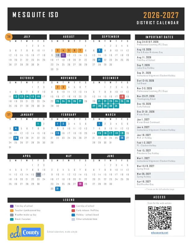 Mesquite Independent School District ISD printable 2026-27 calendar