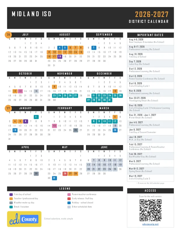 Midland ISD printable 2026-27 calendar