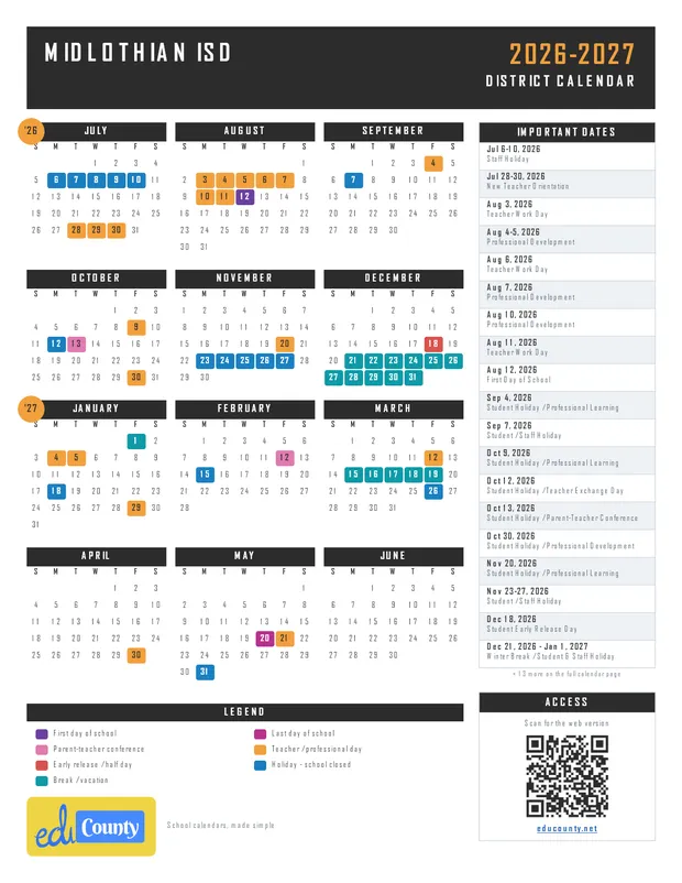 Midlothian ISD printable 2026-27 calendar